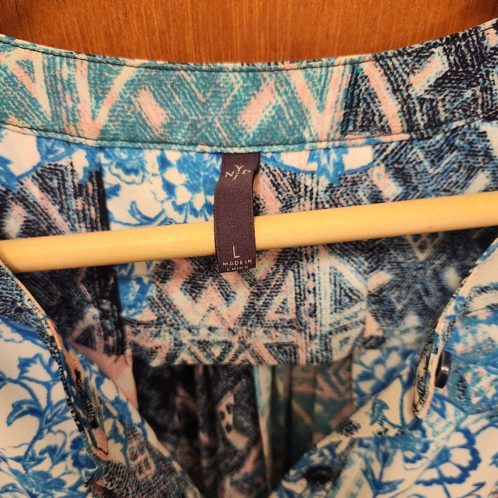 NYDJ Pintuck Blouse Pink, Blue, White Abstract Print - Picture 2 of 3